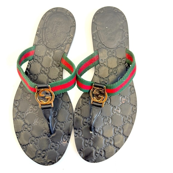 Gucci Black Red Green Leather Fabric GG web Thong flat sandals EU 39.5 - Picture 1 of 11